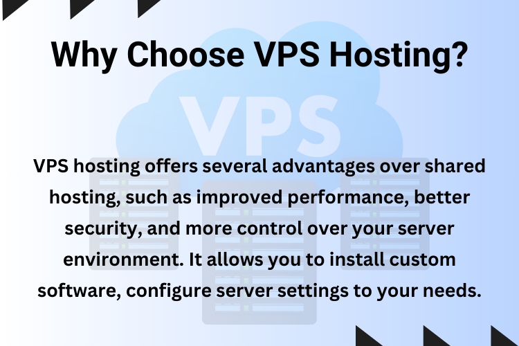 VPS hosting offers several advantages over shared hosting, such as improved performance, better security, and more control over your server environment. It allows you to install custom software, configure server settings to your needs.